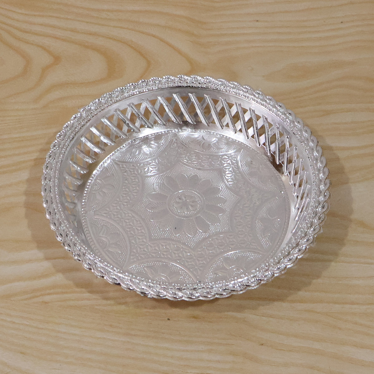 Decorative Silver Serving Tray Elegant Round Floral Design