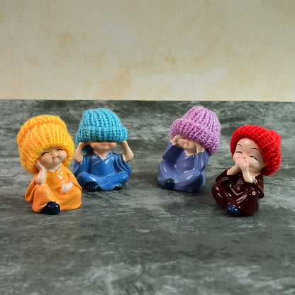 Decorative Resin Monk Buddha Showpiece Set Of 4 With Traditional Straw Hats