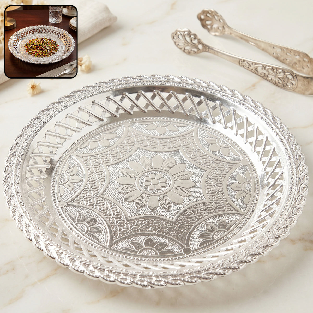 Decorative Silver Serving Tray  Elegant Round Floral Design